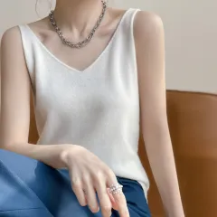 Women's Sleeveless V-neck Solid Colour Cashmere Vest - White - View 1