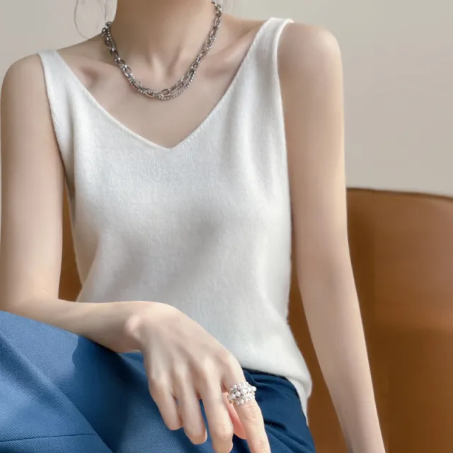 Women's Sleeveless V neck Solid Color Cashmere Vest White - Shop at LoveMi