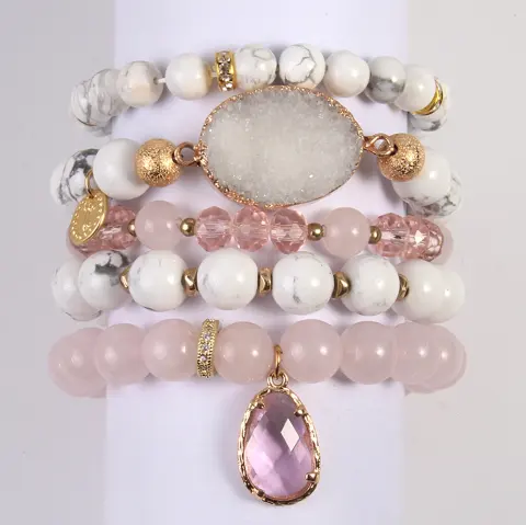 Women's Natural Pink Crystal Glass Cluster Bracelet