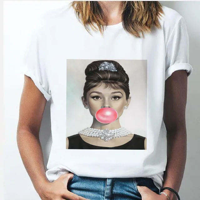 Summer Bubble Blowing Girl Cartoon Print Women's Loose Short Sleeve White Round Neck T shirt 16549 - Shop at LoveMi