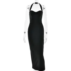 Sexy Halter Tube Top Solid Color Waist Tight Slit Slim-fitting Dress - Black - View 1