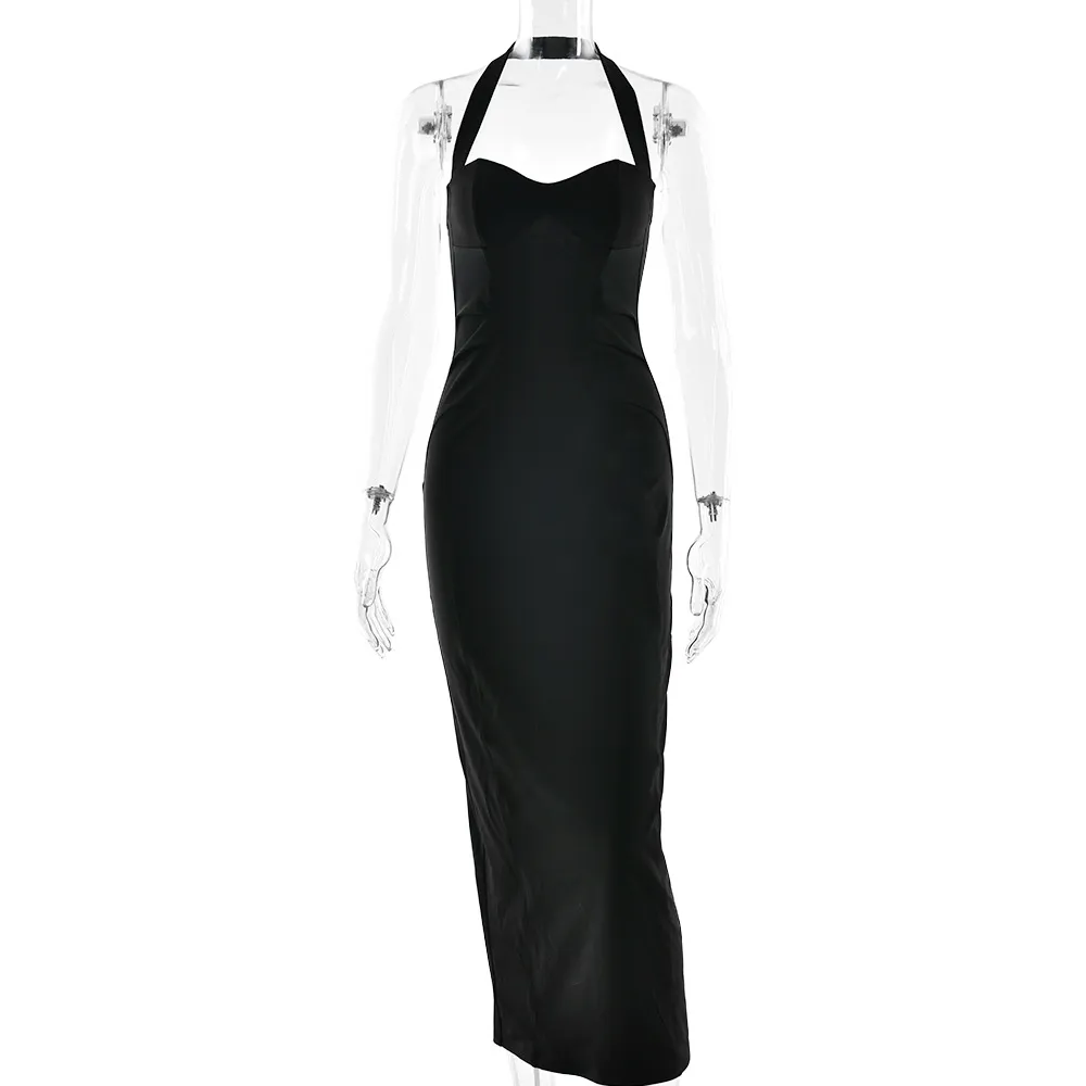 Sexy Halter Tube Top Solid Color Waist Tight Slit Slim-fitting Dress - Black