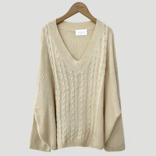 Retro Twist Lazy Large Design Loose Shoulder Pullover Sweaters Top Apricot - Shop at LoveMi