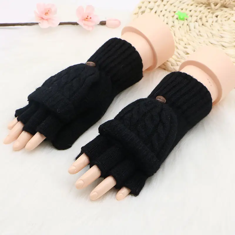 Men's And Women's Solid Color Flap Half Finger Cold Warm Wool Gloves