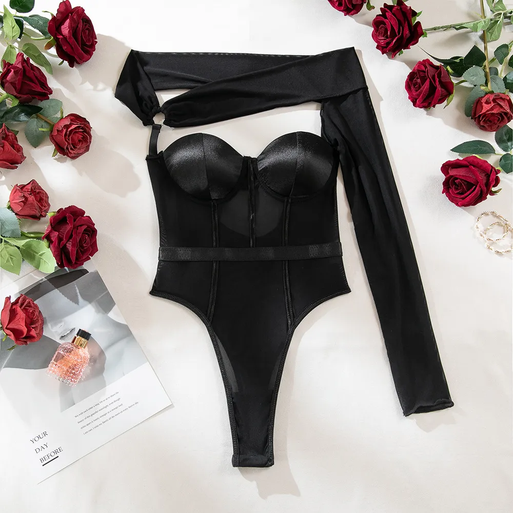Women's One-shoulder Sleeve Body-shaping Corsets Push Up Chest Underwear - Black