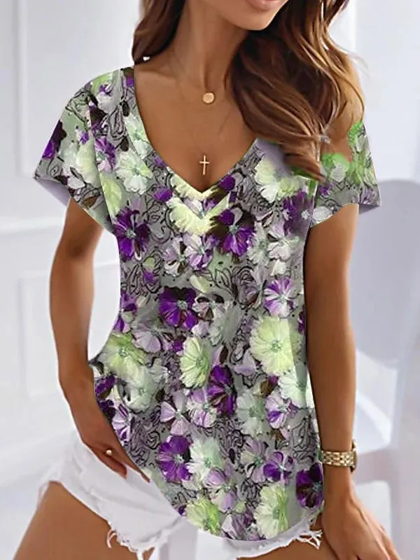Women's T shirt Floral Pink Blue Purple Printed Short Sleeve Holiday Weekend Tunic V neck Regular Style 5Z458 - Shop at LoveMi