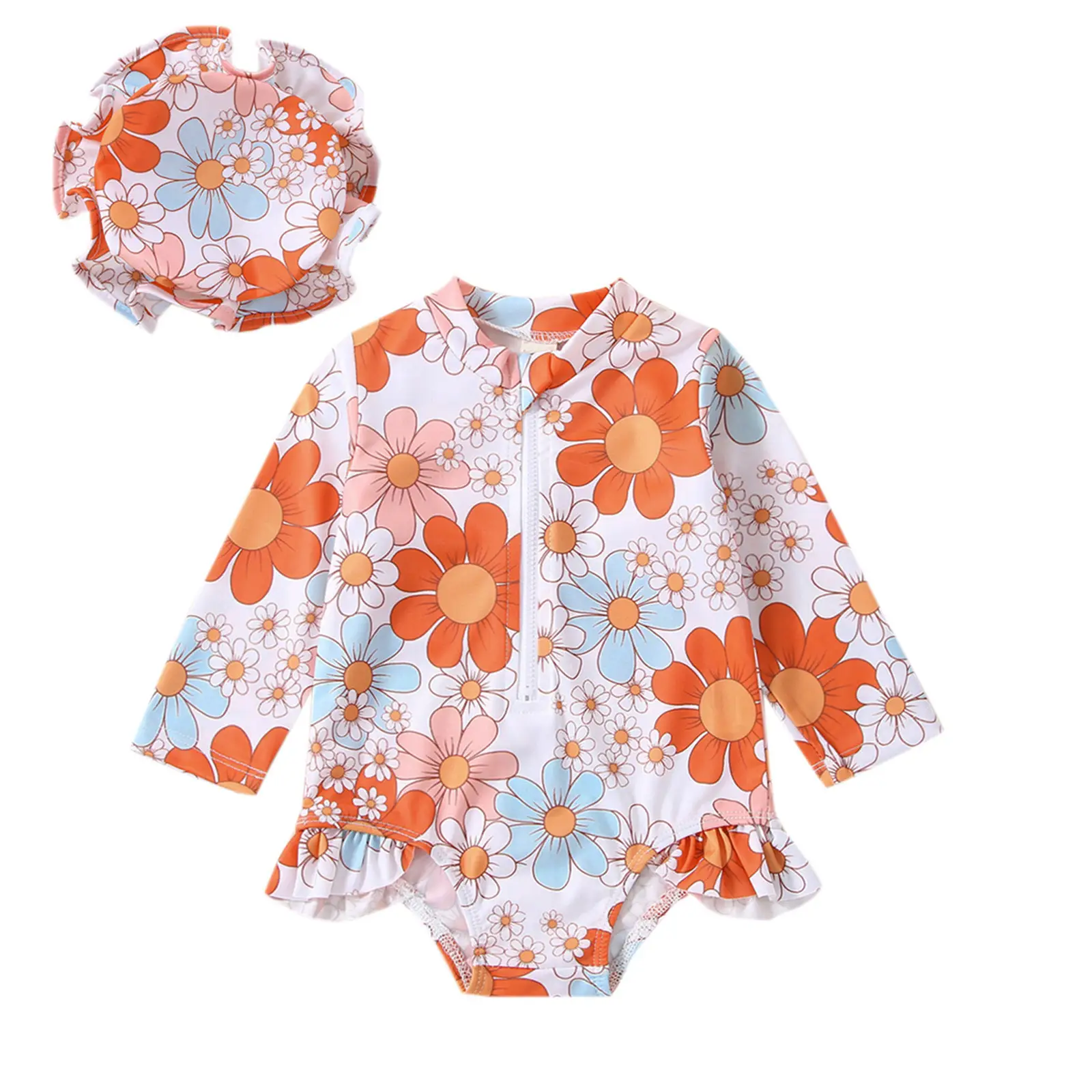 Girls Flower Print Sun Hat Sunscreen Swimsuit Suit