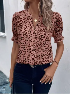Women's V-neck Short-sleeved Shirt Printed - 2 Colors - View 1