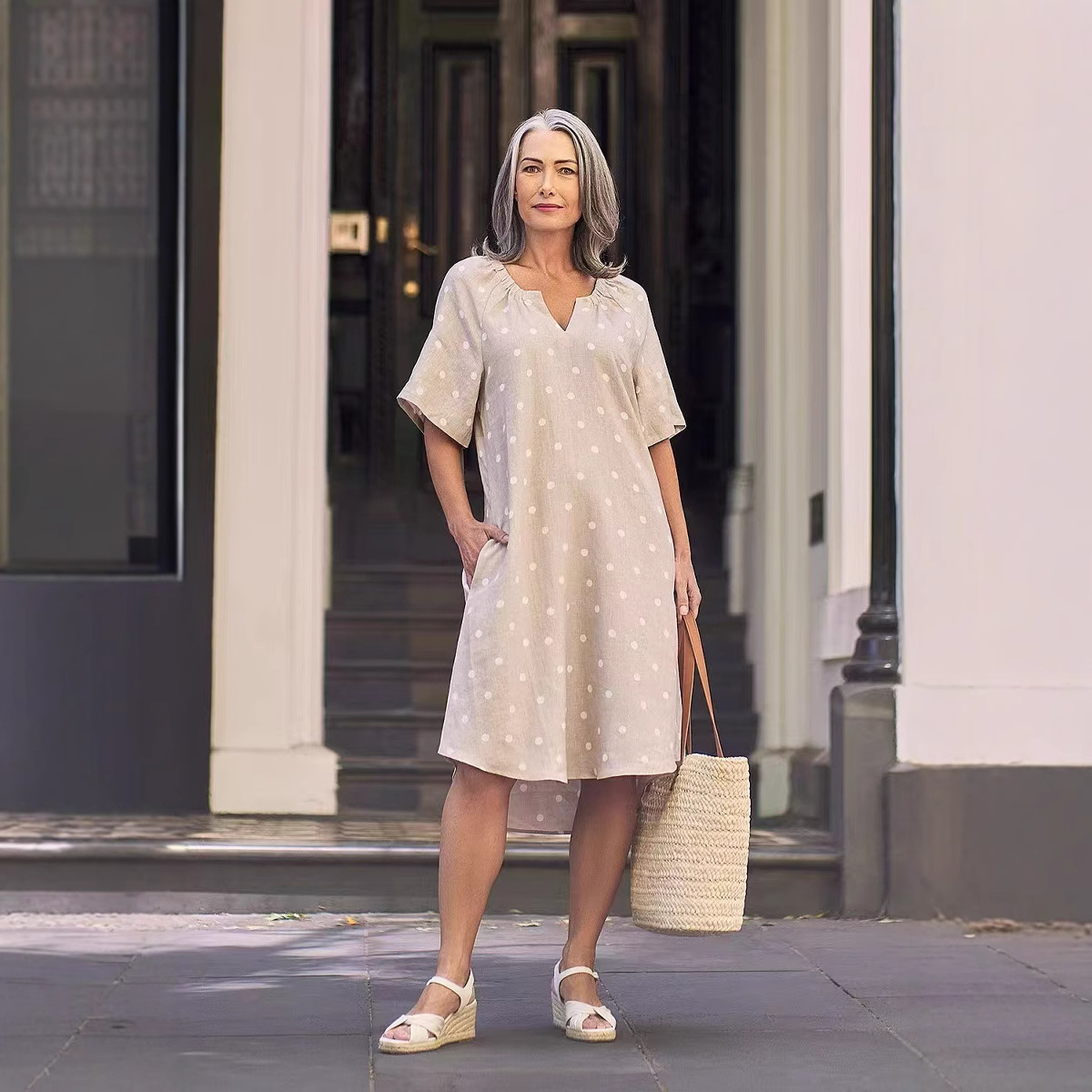 European And American Fashion V-neck Short Sleeve Pocket Polka Dot Dress