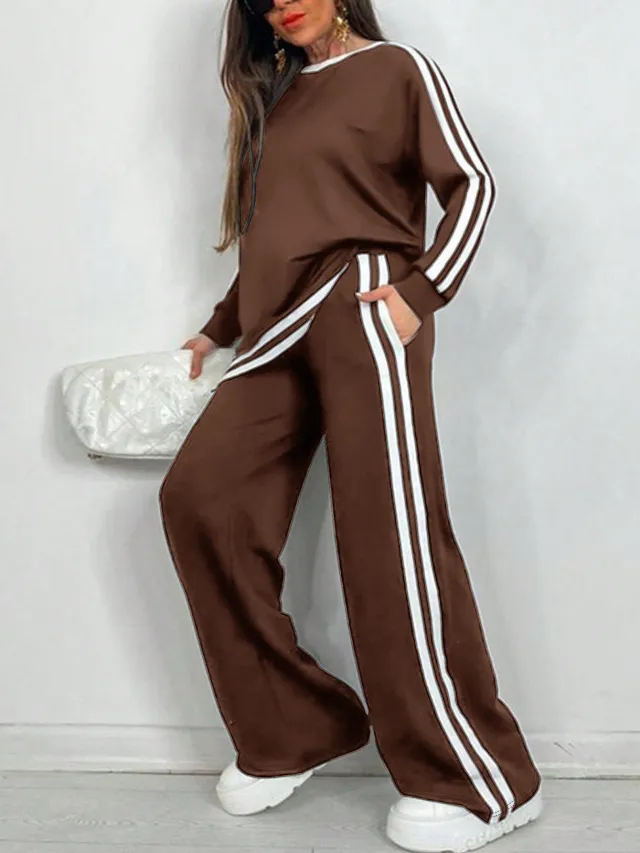 Casual Striped Trousers Long Sleeve Round Neck Suit Brown - Shop at LoveMi