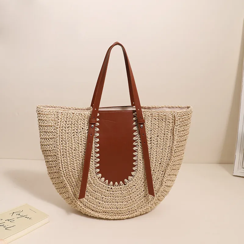 Semicircle Large Capacity French Shoulder Straw Bag - Coffee