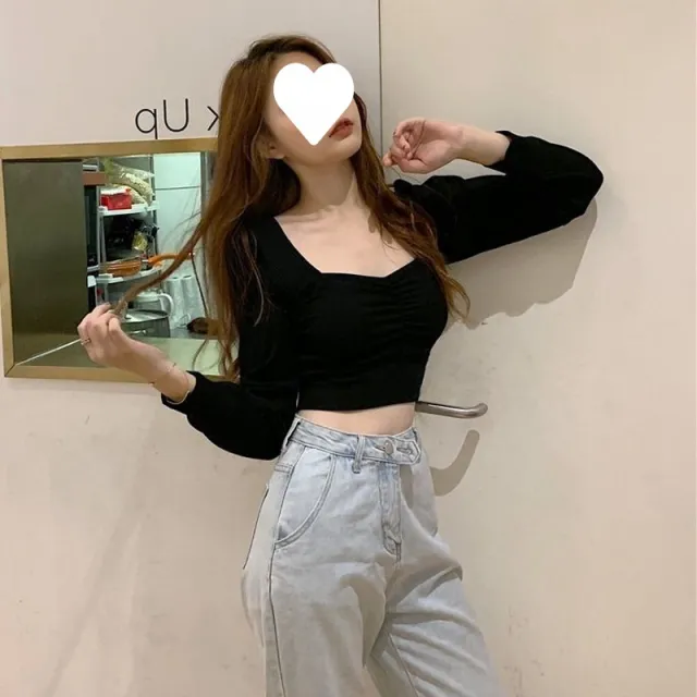 Bare Midriff High Waist Short Shirt Long sleeved Shirt Black - Shop at LoveMi