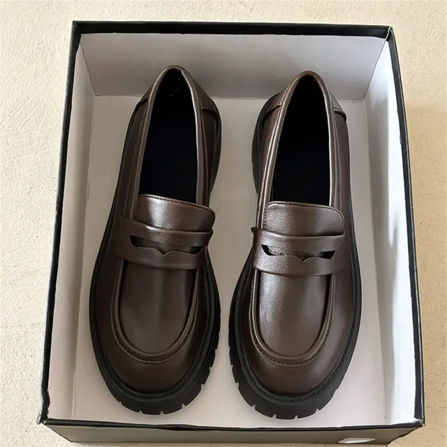 New Chunky Heel Platform British Style Leather Shoes Women Brown - Shop at LoveMi