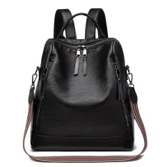 Women's Minimalist Leather Versatile Casual Backpack - Black - View 1