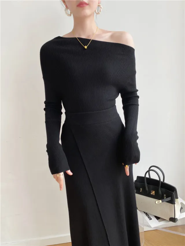 Autumn And Winter French Retro Cashmere Off shoulder Irregular Top Two piece Set Black - Shop at LoveMi
