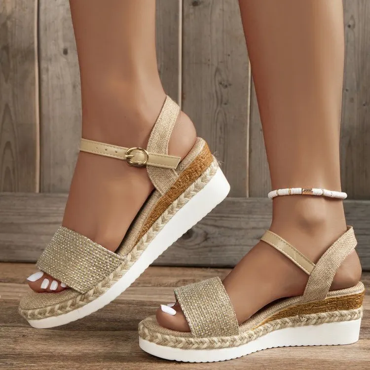 Women's Hemp Rope Wedge Sandals Plus Size Buckle - Khaki