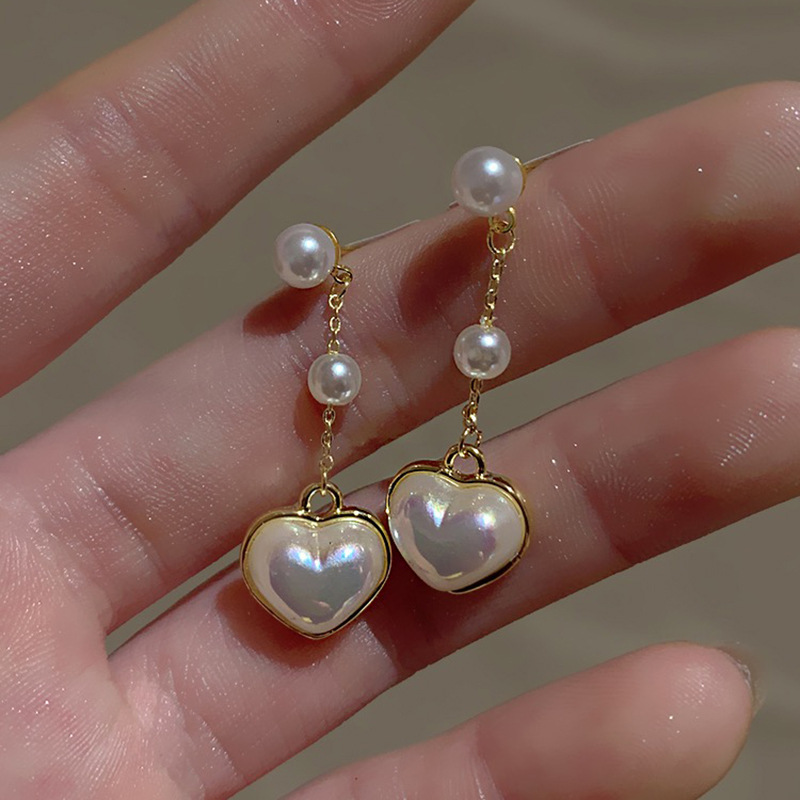 Sterling Silver Needle Heart Pearl Earrings Female Peach Heart Tassel Design