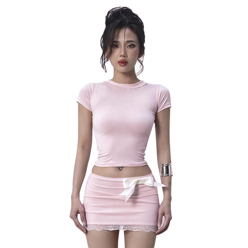 European And American Round Neck Short Sleeve Top Low Waist Hip-wrapped Short Skirt Casual Suit