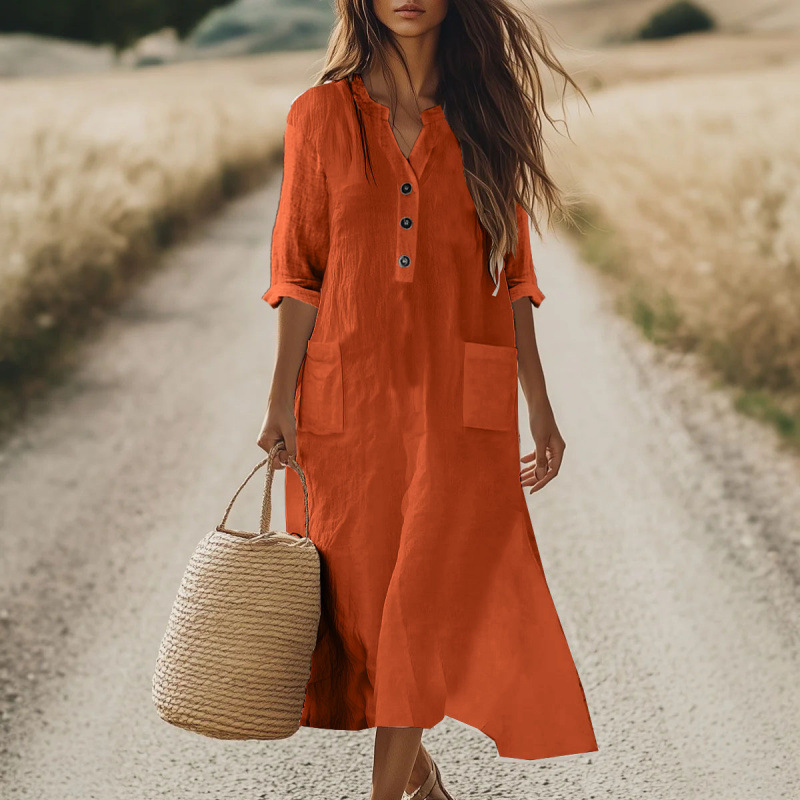 Women's Solid Color Loose Bohemian Resort Cotton Linen Dress With Pockets Red - Shop at LoveMi