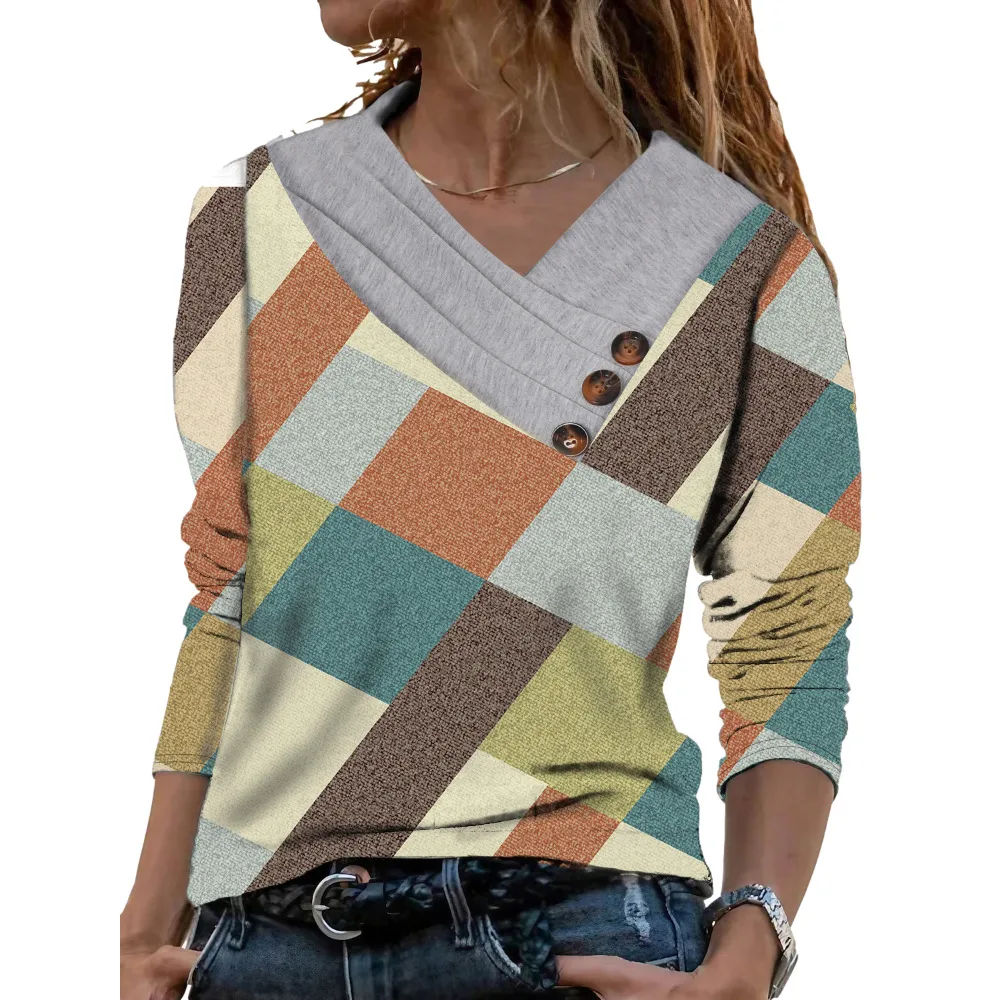 Women Scarf Collar T-shirt With Long Sleeves Hoodie Button Top - Colorful Rhombus Pattern