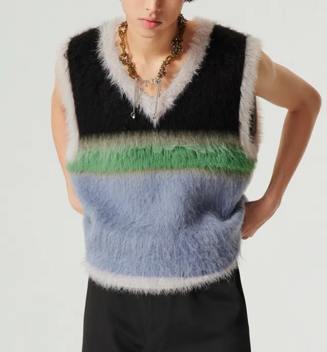 Wool Blended Long Velvet Wool Contrast Color Striped Knitted V neck Vest Sweater Black - Shop at LoveMi