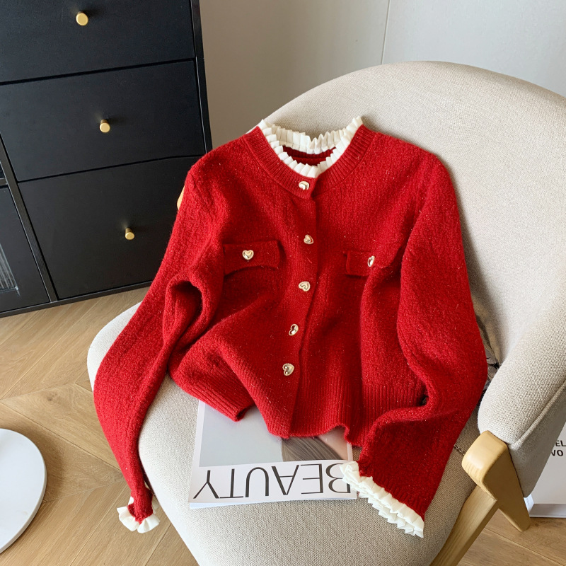 Women's Soft Glutinous Heart Buckle Red Sweater