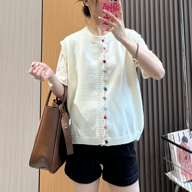 Color Button Vest Bandage Dress Knitted Vest Top White - Shop at LoveMi