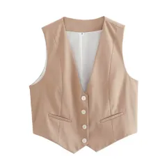 Women's Loose Button Decoration Multi-color Versatile Vest - Khaki - View 1