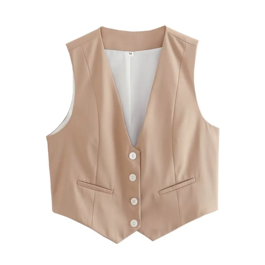Women's Loose Button Decoration Multi-color Versatile Vest - Khaki