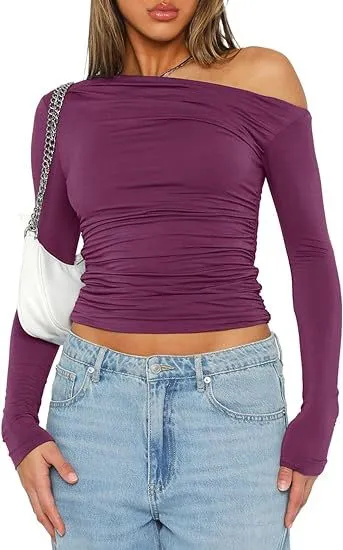 Women's Shoulder Asymmetric Solid Color Top Long Sleeve Purplish Red - Shop at LoveMi