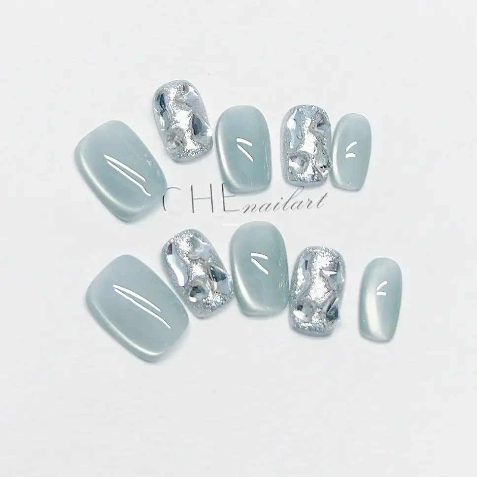 Handmade Custom Wear Armor Summer Blue Cat Eye Short Square Finished Nail Beauty Patch