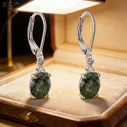 Womens Aquatic Plant Agate Egg-Shaped Oval Earrings