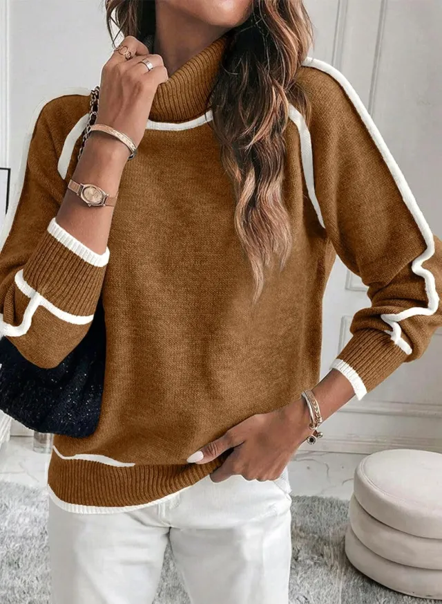 Autumn And Winter Solid Color Color Matching High necked Casual Women's Clothing Fashion Knit Top Outerwear Brown - Shop at LoveMi