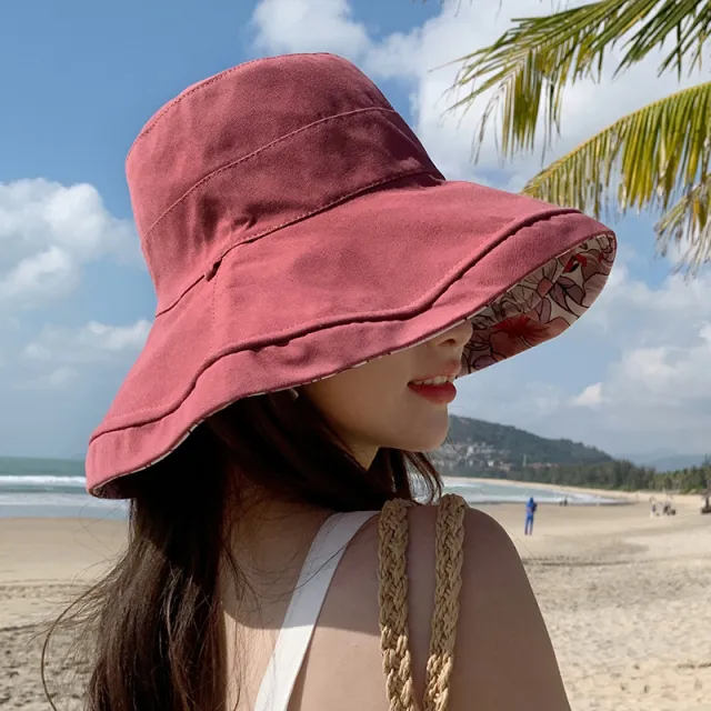 Double sided Wear Big Brim Fisherman Hat Outdoor Sun Protection Pure Cotton Breathable Wine Red - Shop at LoveMi