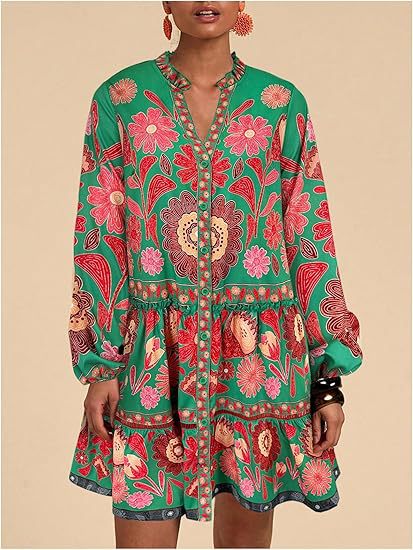 Floral Print Short Bohemian Beach Long Sleeve Button down Flowy Blouse Dress Green - Shop at LoveMi