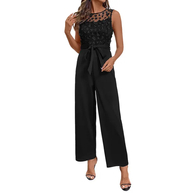 Lace Patchwork Round Neck Sleeveless High Waist Straight Women's Jumpsuit Black - Shop at LoveMi