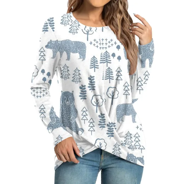 Women's Fashion Casual Christmas Element Printing Round Neck Long Sleeve Top Light Blue - Shop at LoveMi