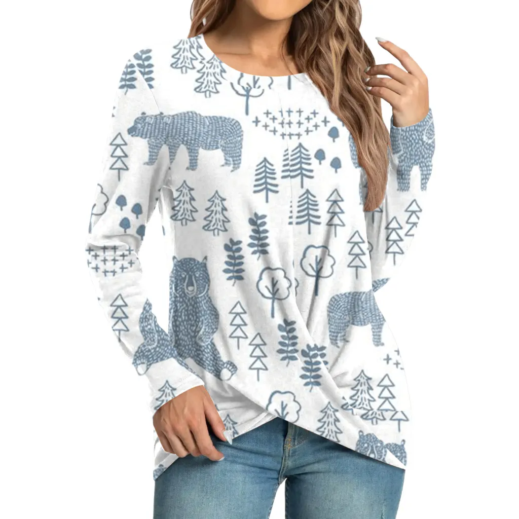 Women's Fashion Casual Christmas Element Printing Round Neck Long Sleeve Top - Light Blue