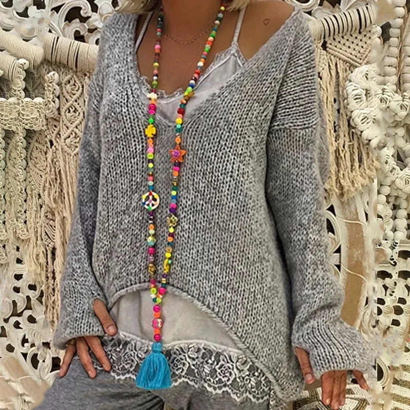 V-neck Loose Knitted Warm Commuter Sweater - Gray
