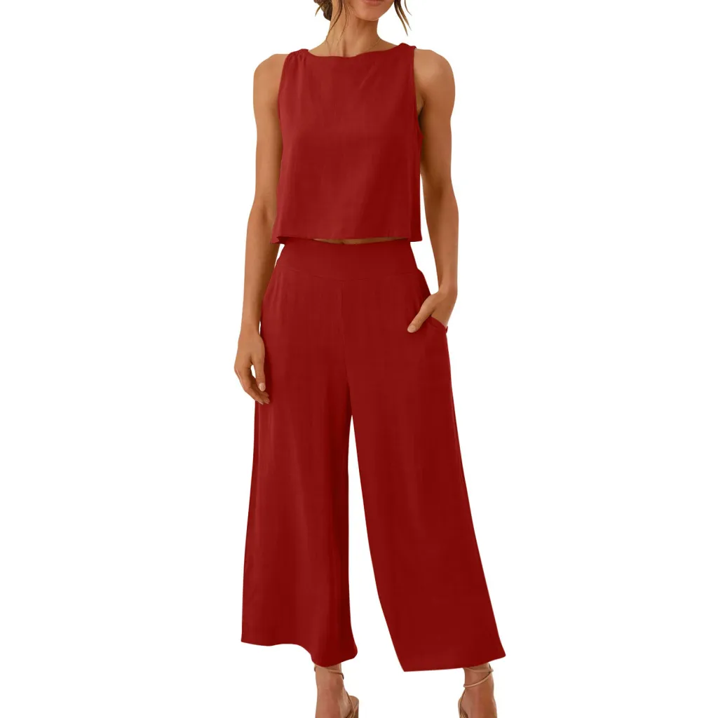 Sleeveless Vest Cropped Wide-leg Pants Suit - No 42 Color