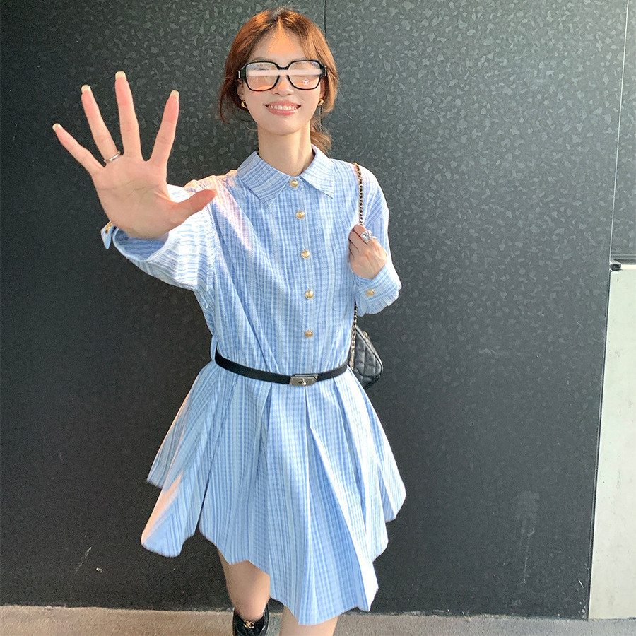 Fashionable Lace Blue Elegant Plaid Long-sleeved Shirt Dress