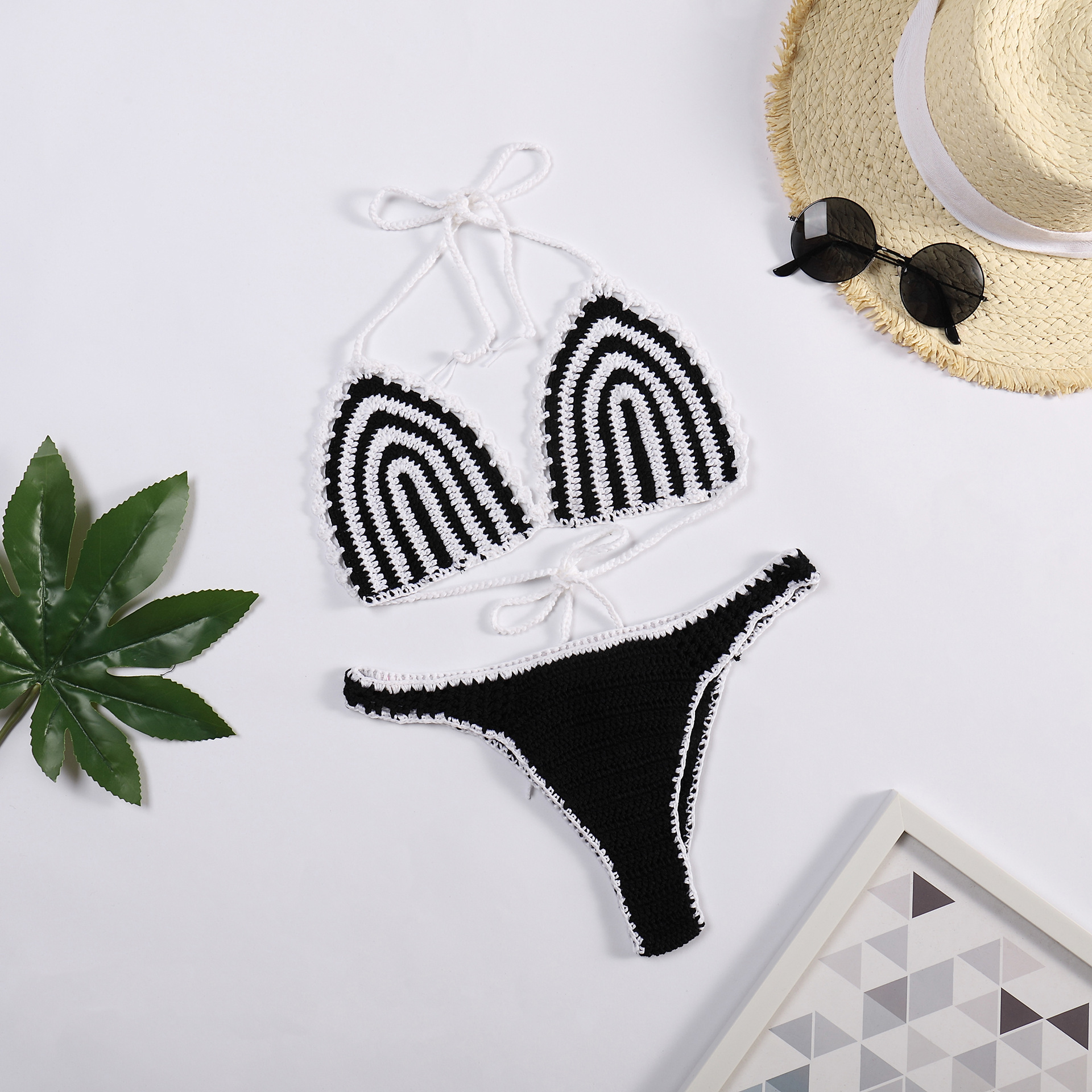 Beach Bikini Striped Color Matching Sexy Lace up Backless Hand Crocheting Split Swimsuit Suit Black - Shop at LoveMi