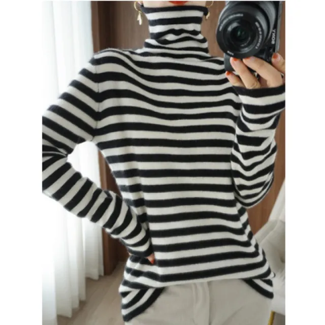 Striped Heap Collar Long Sleeves Sweater Loose All match Wool Knitted Bottoming Shirt For Women White - Shop at LoveMi