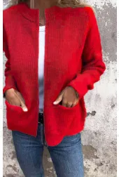 Women's Casual Solid Color Pocket Cardigan Coat Red - Shop at LoveMi