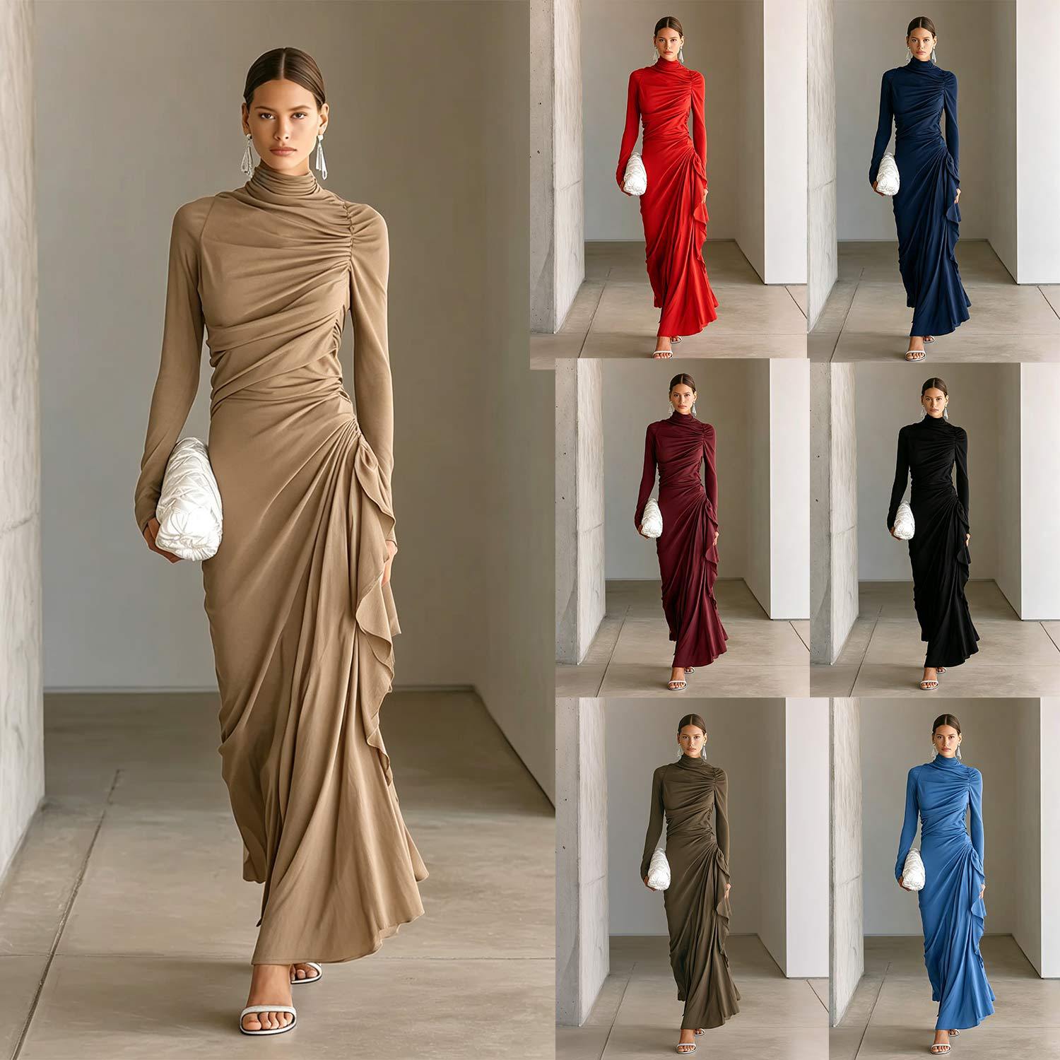 High-neck Pleated Slim-fit Elegant Draping Long-sleeved Hip-hugging Dress product image