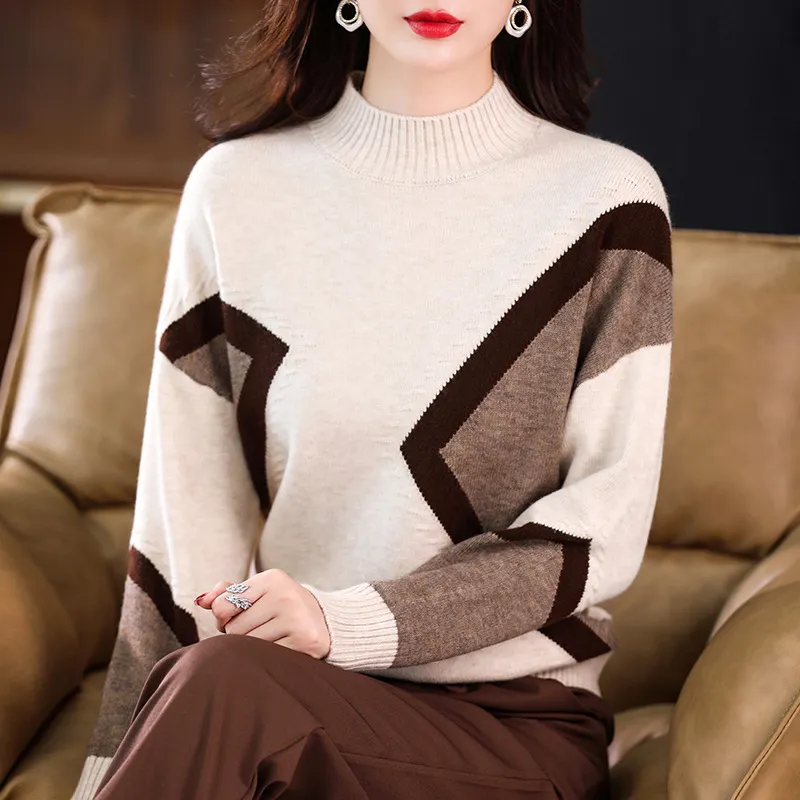 Women's Half Turtleneck Loose-fitting Versatile Sweater Colour Matching Knitted Bottoming Shirt - Beige Camel