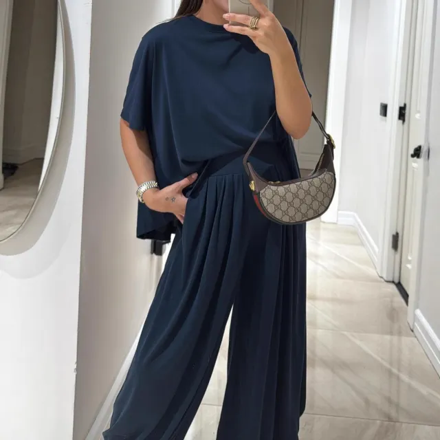 Casual Solid Color Loose Comfortable Wide leg Pants Two piece Women's Clothing Blue - Shop at LoveMi