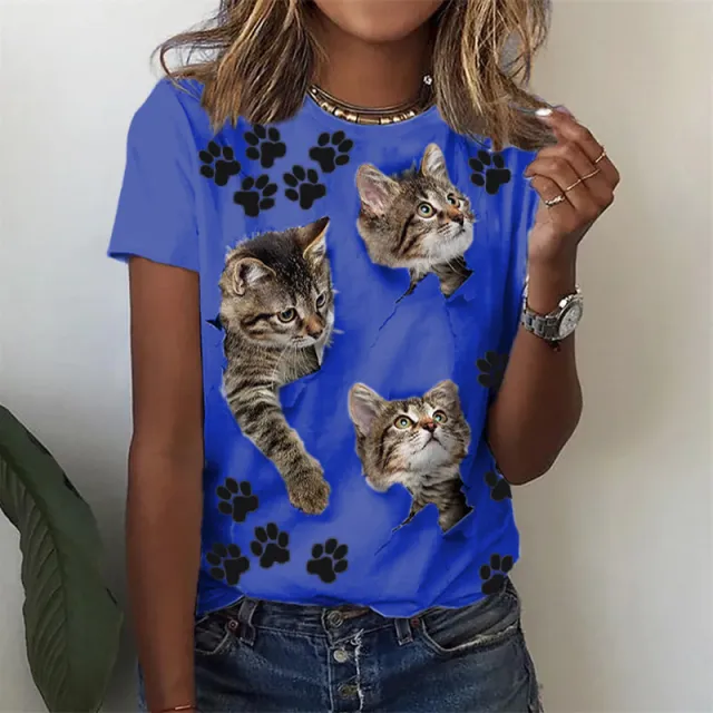 Animal Print Short Sleeve Round Neck T shirt Blue - Shop at LoveMi