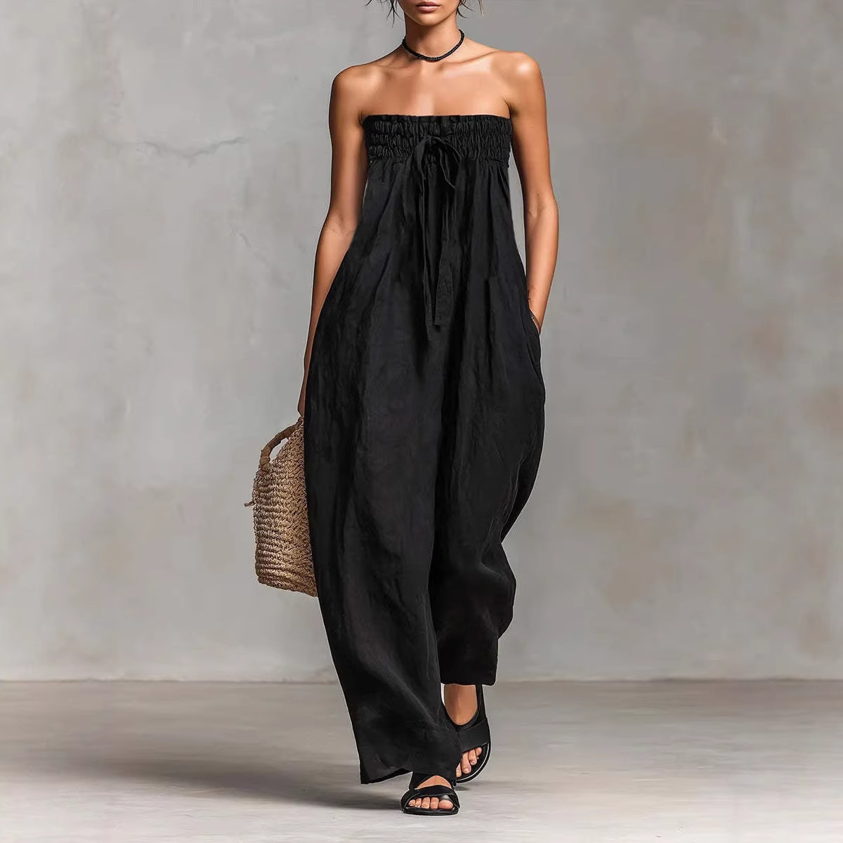 Womens Lace-up Tube Top Strapless Ruched Jumpsuit