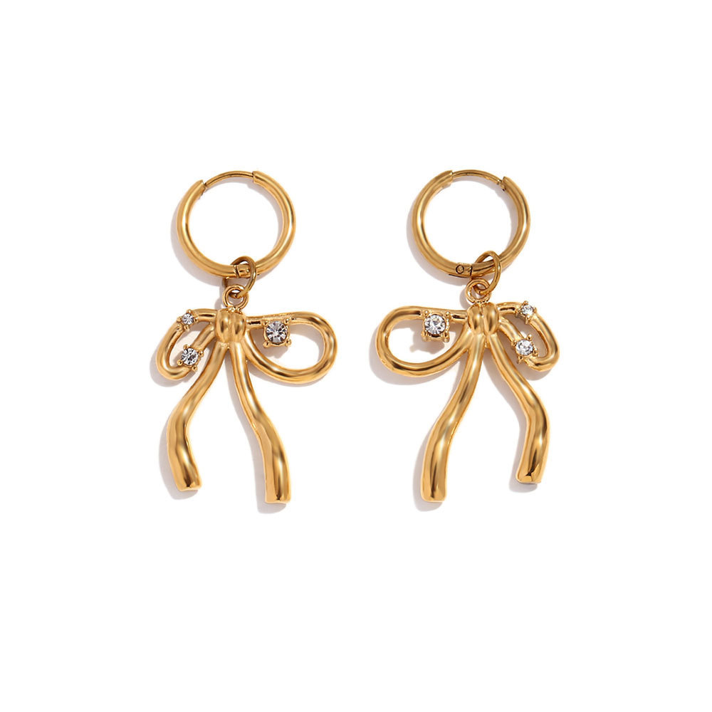 Creative Personality Necklace Stainless Steel 18K Gold Plating Sweet Rhinestone Bow Pendant Earring Ring